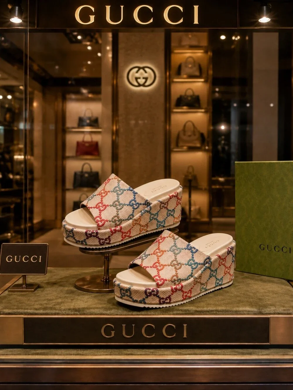 Gucci Women’s Multicolor GG Canvas Wedge Sandals